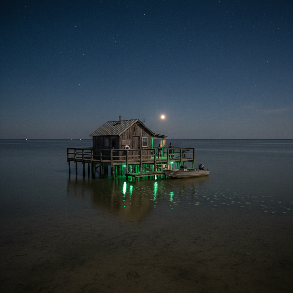 Anglers fishing from a cabin deck beneath green fishing lights at night
