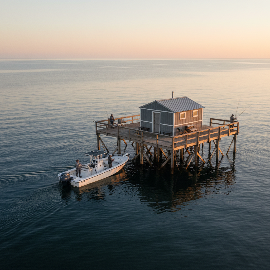 Anglers arriving by center-console boat at a remote South Texas fishing cabin with a broad deck at sunrise